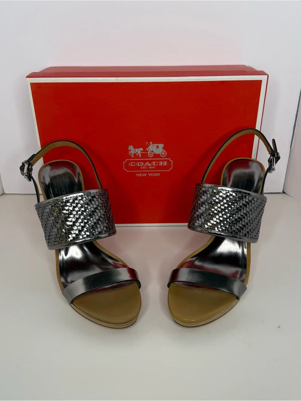 Coach Metallic Gray Woven Leather High Heel Sandals